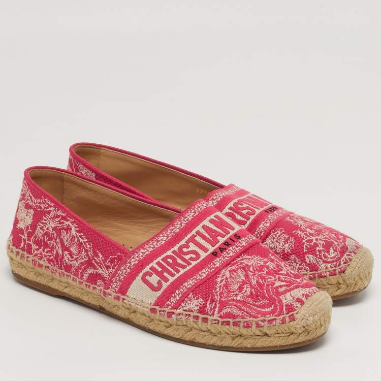 Pre Owned Dior  Size 37.5 Red/Off White Embroidered Canvas Granville Espadrille Flats