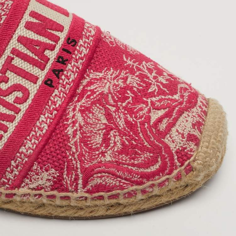 Pre Owned Dior  Size 37.5 Red/Off White Embroidered Canvas Granville Espadrille Flats