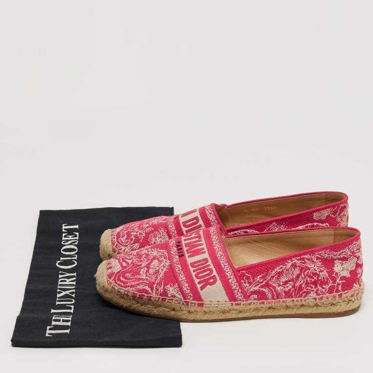 Pre Owned Dior  Size 37.5 Red/Off White Embroidered Canvas Granville Espadrille Flats