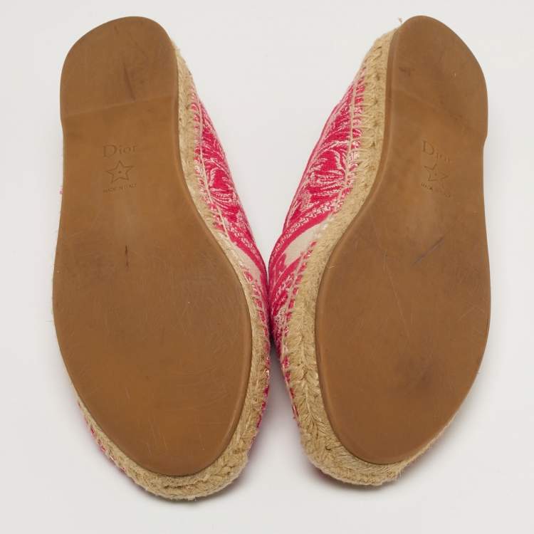 Pre Owned Dior  Size 37.5 Red/Off White Embroidered Canvas Granville Espadrille Flats