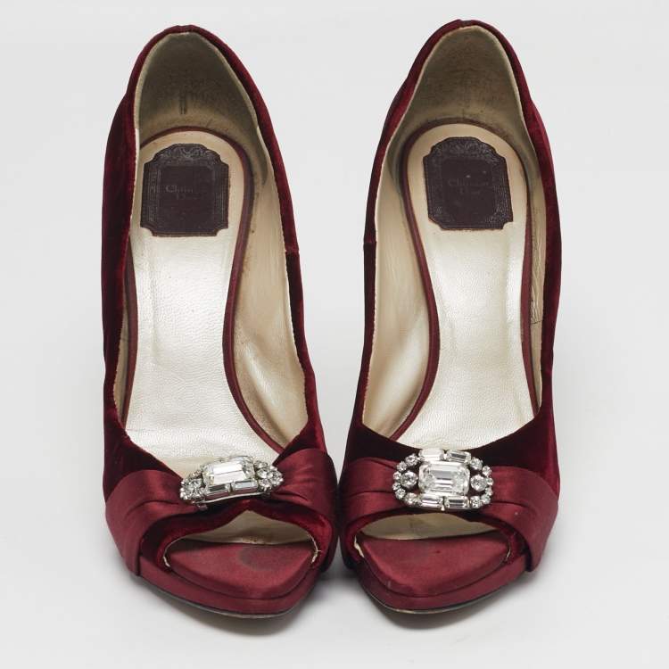 Pre Owned Dior Empire Size 41 Burgundy Velvet Crystal Embellished Peep Toe Pumps