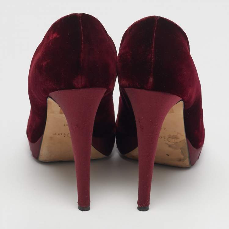 Pre Owned Dior Empire Size 41 Burgundy Velvet Crystal Embellished Peep Toe Pumps
