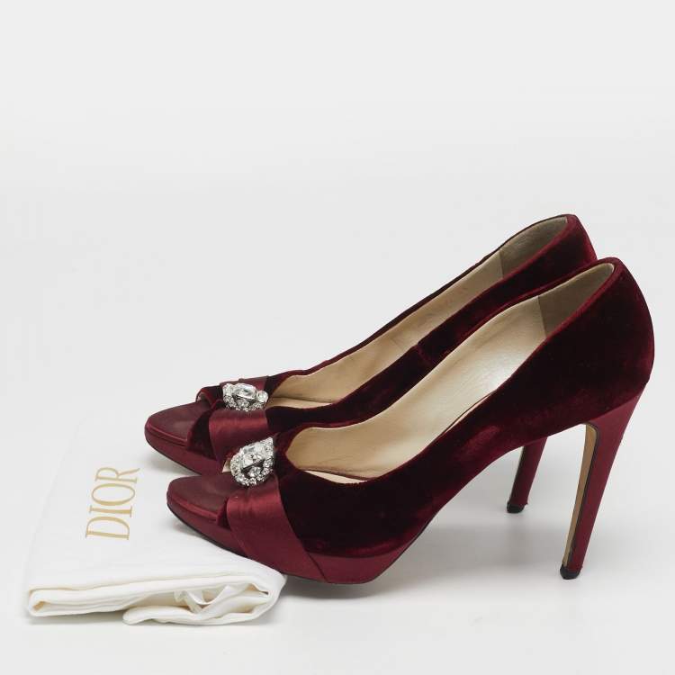 Pre Owned Dior Empire Size 41 Burgundy Velvet Crystal Embellished Peep Toe Pumps