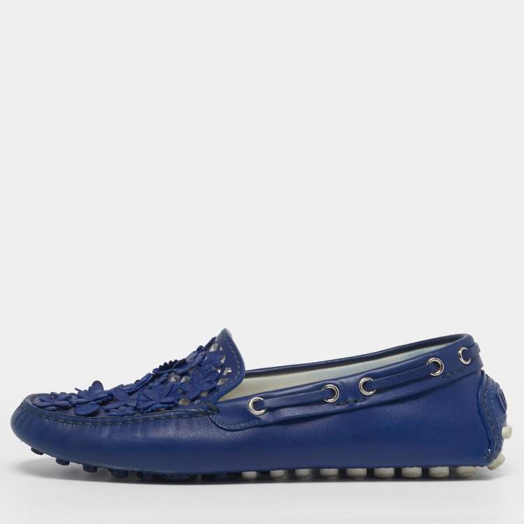 Pre Owned Dior Size 35.5 Blue Leather Cutout Flora Embellished Driver Loafers