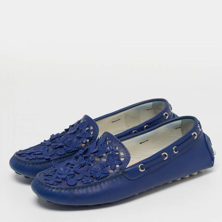 Pre Owned Dior Size 35.5 Blue Leather Cutout Flora Embellished Driver Loafers