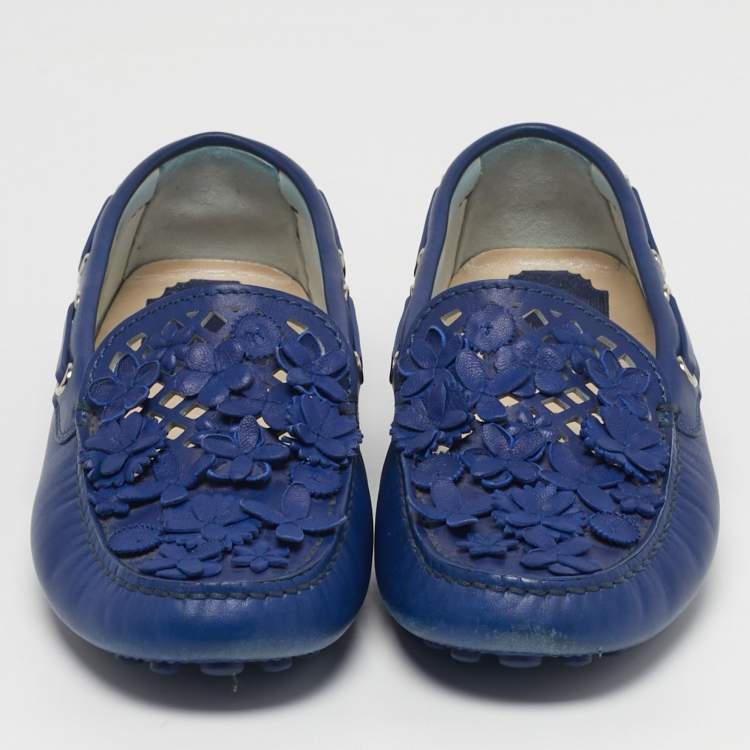 Pre Owned Dior Size 35.5 Blue Leather Cutout Flora Embellished Driver Loafers