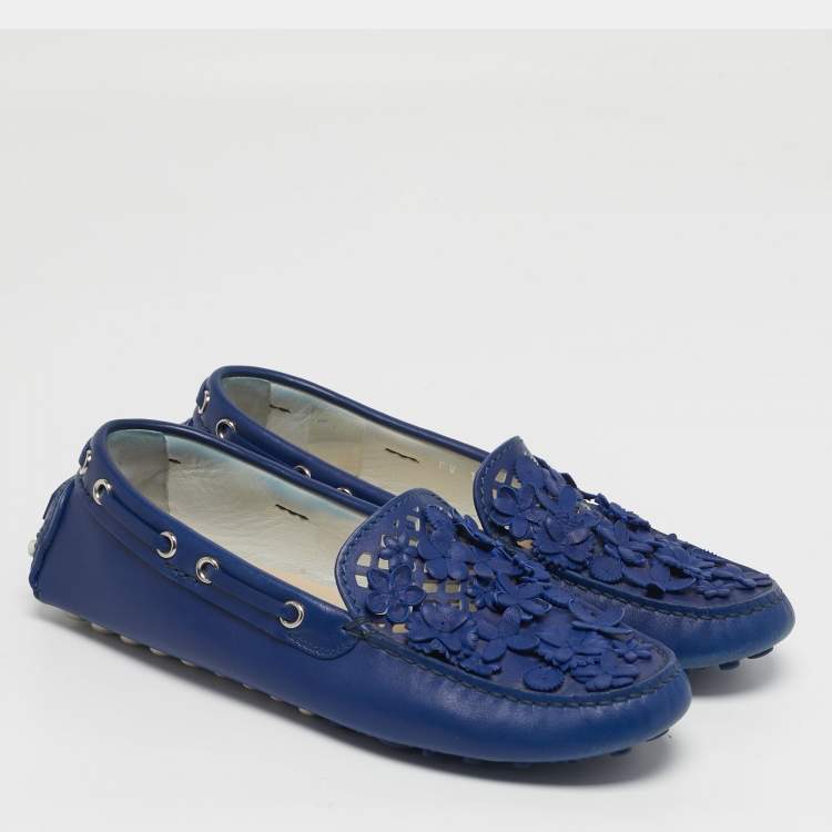 Pre Owned Dior Size 35.5 Blue Leather Cutout Flora Embellished Driver Loafers