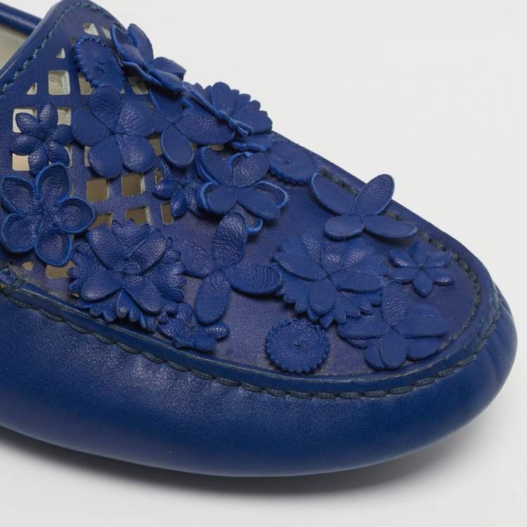 Pre Owned Dior Size 35.5 Blue Leather Cutout Flora Embellished Driver Loafers