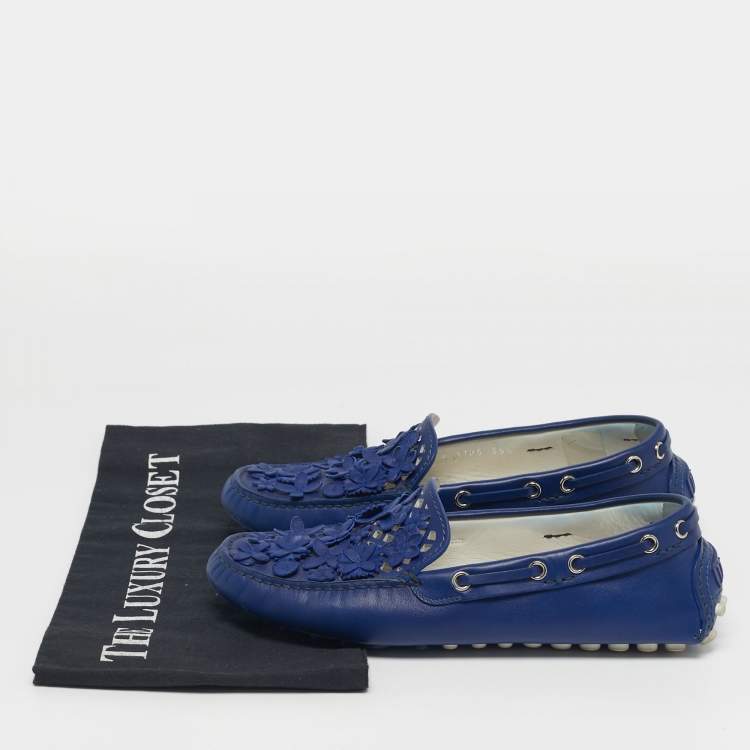 Pre Owned Dior Size 35.5 Blue Leather Cutout Flora Embellished Driver Loafers