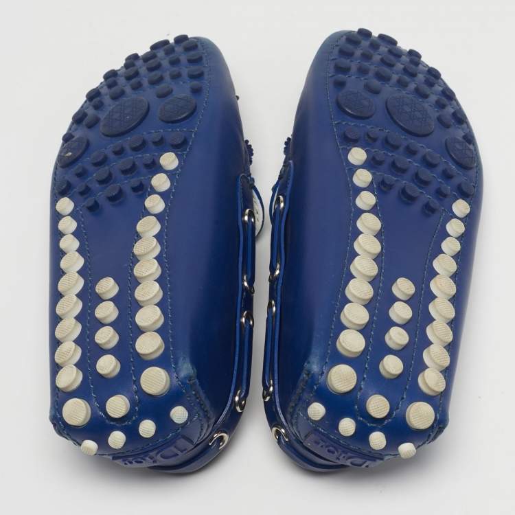 Pre Owned Dior Size 35.5 Blue Leather Cutout Flora Embellished Driver Loafers