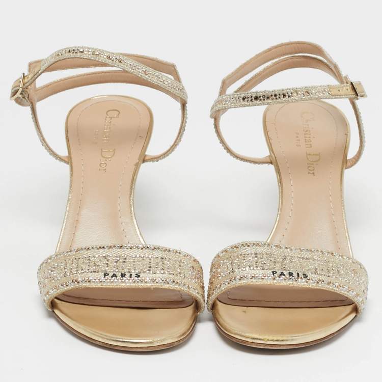 Pre Owned Dior Dway Size 38 Gold Canvas Crystal Embellished Ankle Strap Sandals