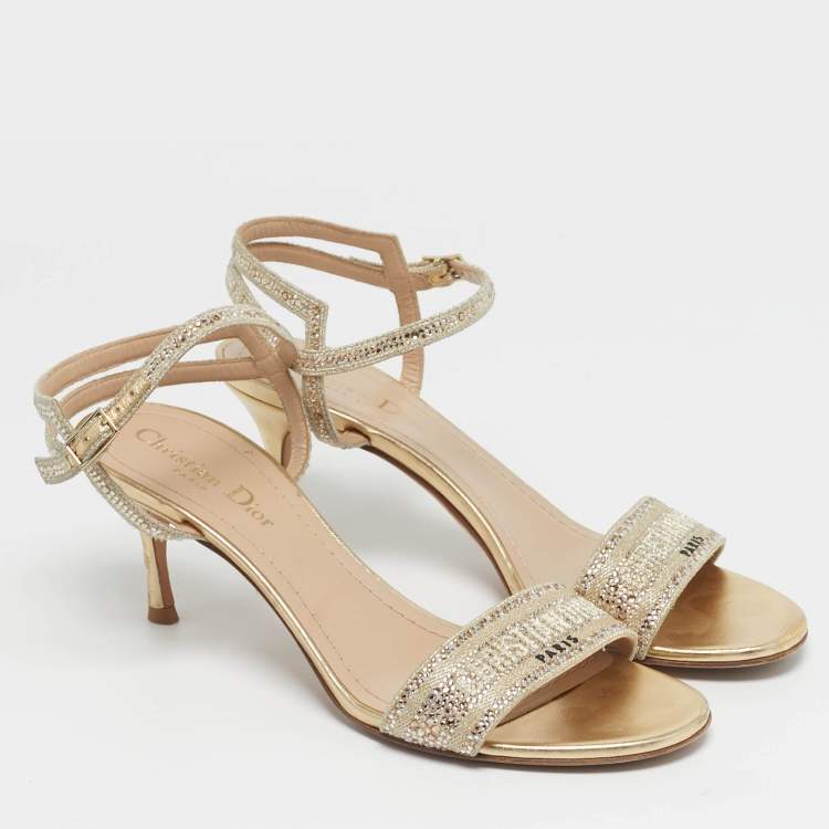 Pre Owned Dior Dway Size 38 Gold Canvas Crystal Embellished Ankle Strap Sandals