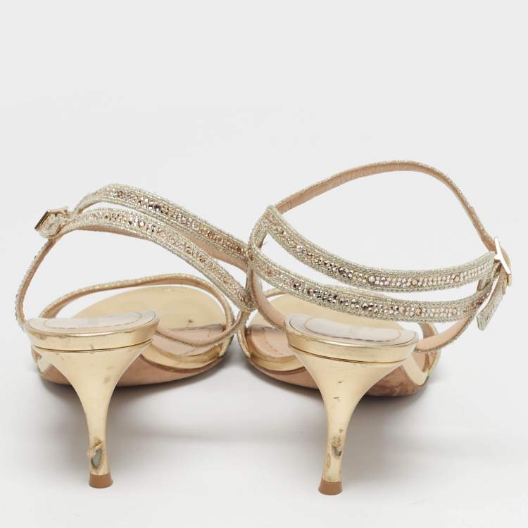 Pre Owned Dior Dway Size 38 Gold Canvas Crystal Embellished Ankle Strap Sandals