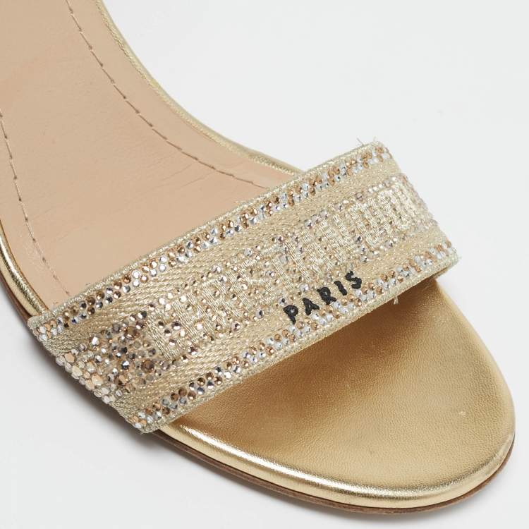 Pre Owned Dior Dway Size 38 Gold Canvas Crystal Embellished Ankle Strap Sandals