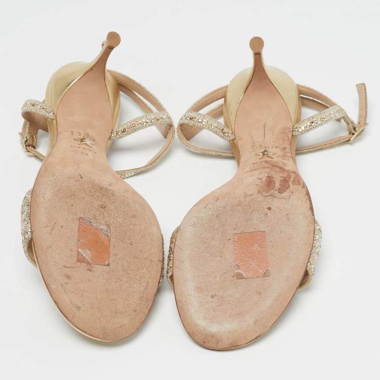 Pre Owned Dior Dway Size 38 Gold Canvas Crystal Embellished Ankle Strap Sandals