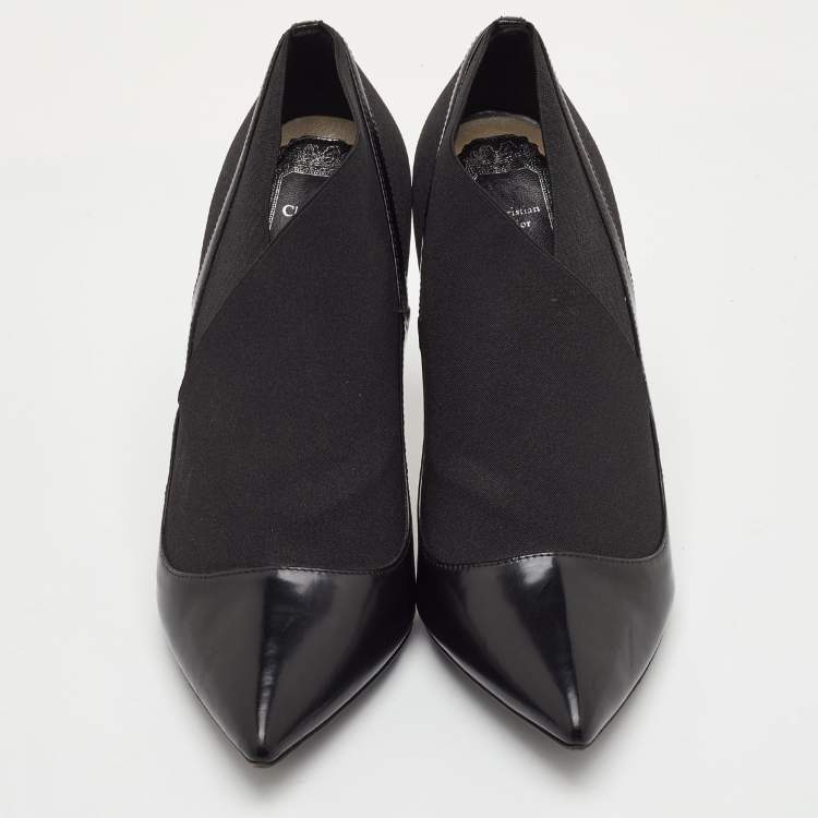 Pre Owned Dior Size 38.5 Black Leather and Stretch Fabric Pointed Toe Ankle Booties
