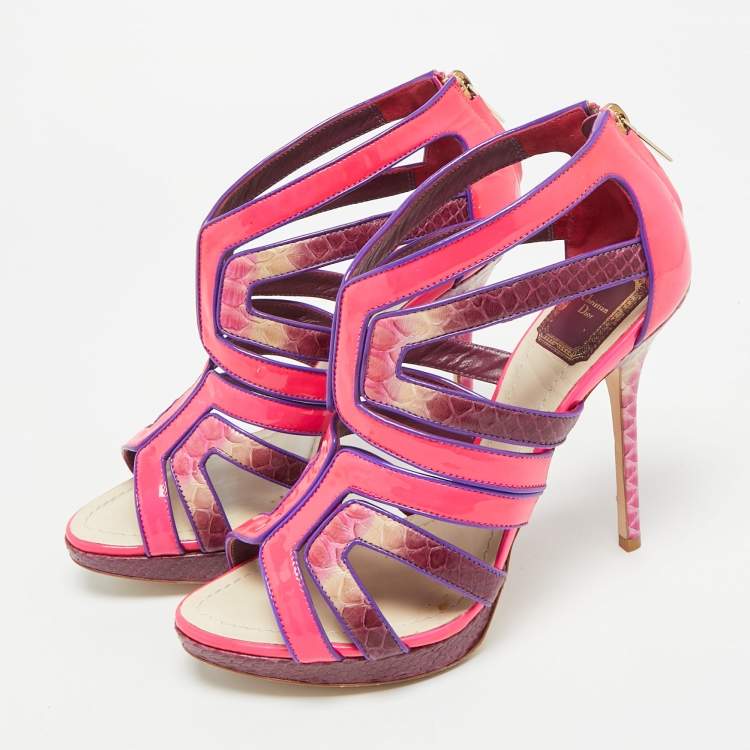 Pre Owned Dior Size 38.5 Pink Patent Leather and Python Leather Strappy Sandals