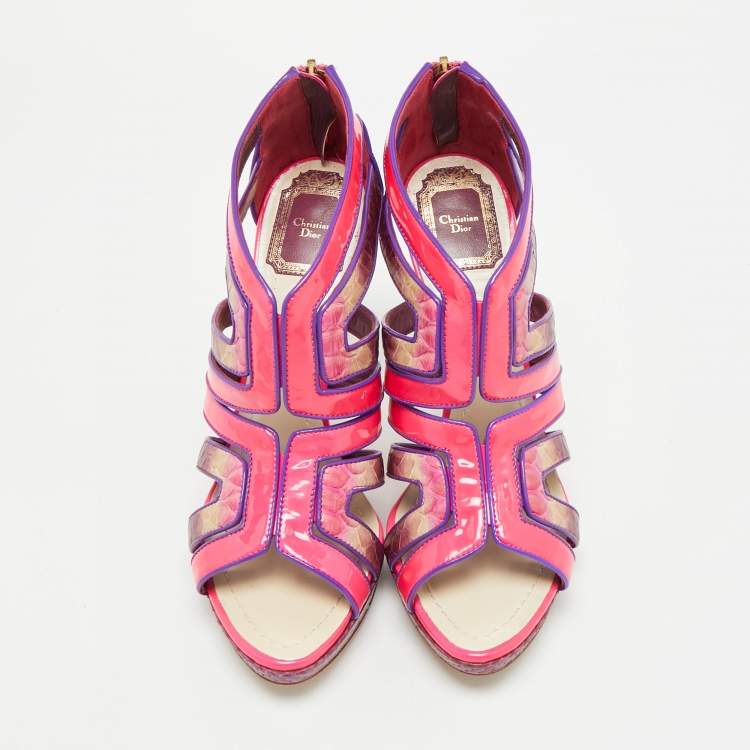 Pre Owned Dior Size 38.5 Pink Patent Leather and Python Leather Strappy Sandals