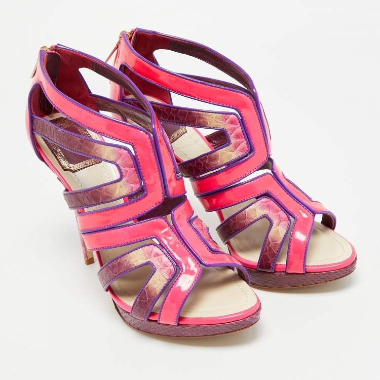 Pre Owned Dior Size 38.5 Pink Patent Leather and Python Leather Strappy Sandals