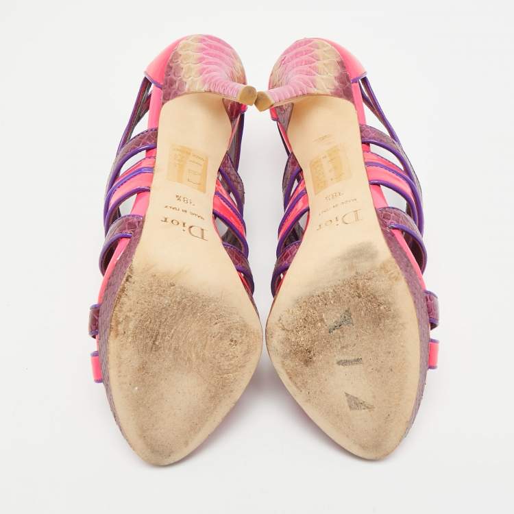 Pre Owned Dior Size 38.5 Pink Patent Leather and Python Leather Strappy Sandals