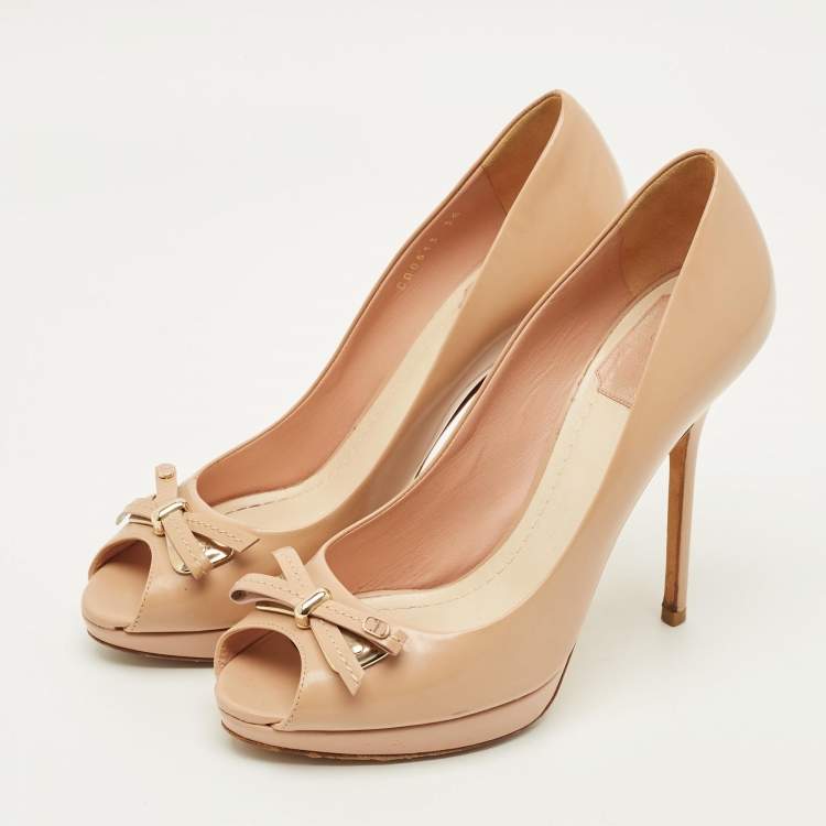 Pre Owned Dior Bow Size 38 Beige Leather Peep Toe Pumps