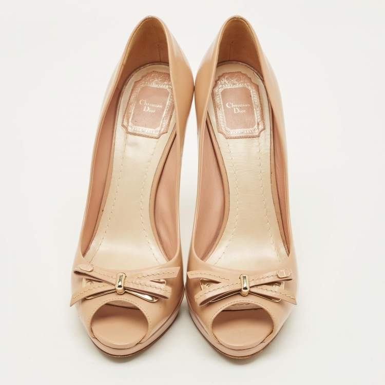 Pre Owned Dior Bow Size 38 Beige Leather Peep Toe Pumps