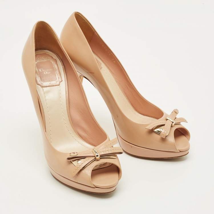 Pre Owned Dior Bow Size 38 Beige Leather Peep Toe Pumps