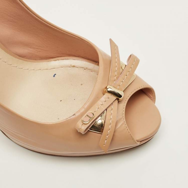 Pre Owned Dior Bow Size 38 Beige Leather Peep Toe Pumps