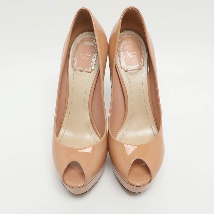 Pre Owned Dior Miss Dior Size 38.5 Beige Patent Leather Peep Toe Platform Pumps