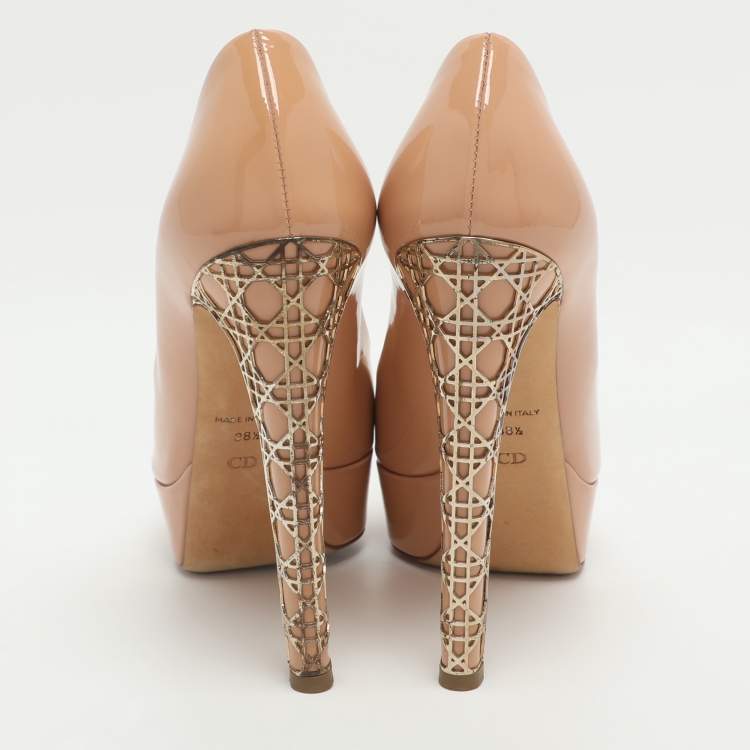 Pre Owned Dior Miss Dior Size 38.5 Beige Patent Leather Peep Toe Platform Pumps