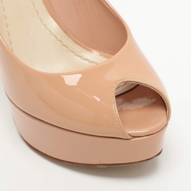 Pre Owned Dior Miss Dior Size 38.5 Beige Patent Leather Peep Toe Platform Pumps