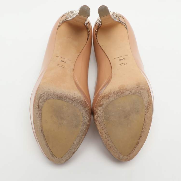 Pre Owned Dior Miss Dior Size 38.5 Beige Patent Leather Peep Toe Platform Pumps