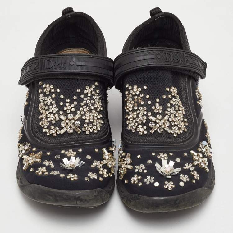 Pre Owned Dior Fusion Size 37.5 Black Mesh and Neoprene Embellished Velcro Strap Sneakers