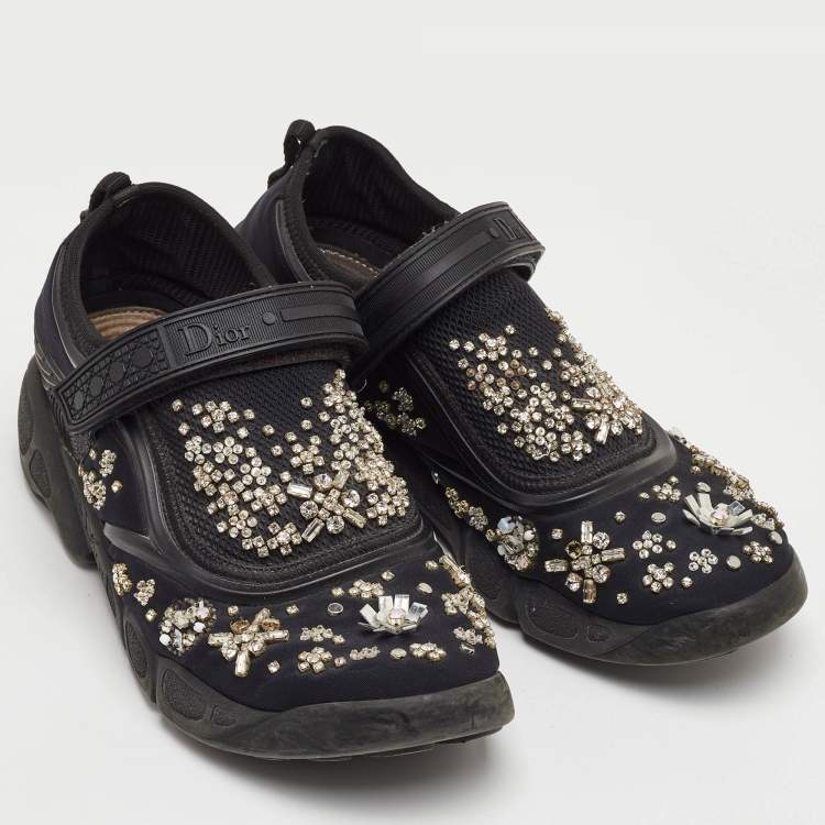 Pre Owned Dior Fusion Size 37.5 Black Mesh and Neoprene Embellished Velcro Strap Sneakers
