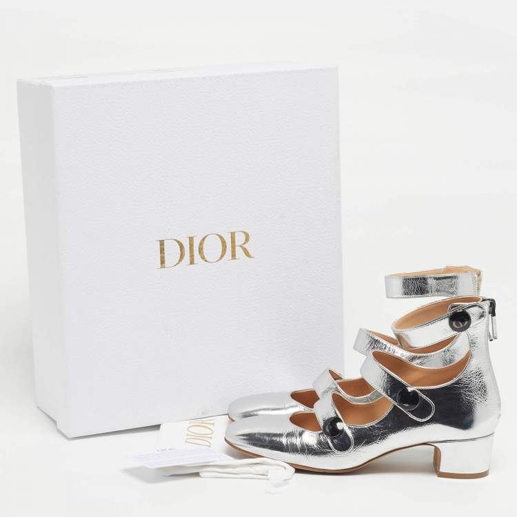 Pre Owned Dior Baby-D Size 35.5 Silver Foil Leather Strappy Pumps
