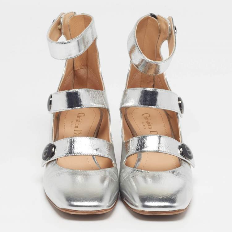 Pre Owned Dior Baby-D Size 35.5 Silver Foil Leather Strappy Pumps