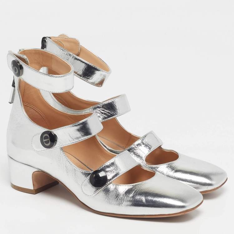 Pre Owned Dior Baby-D Size 35.5 Silver Foil Leather Strappy Pumps