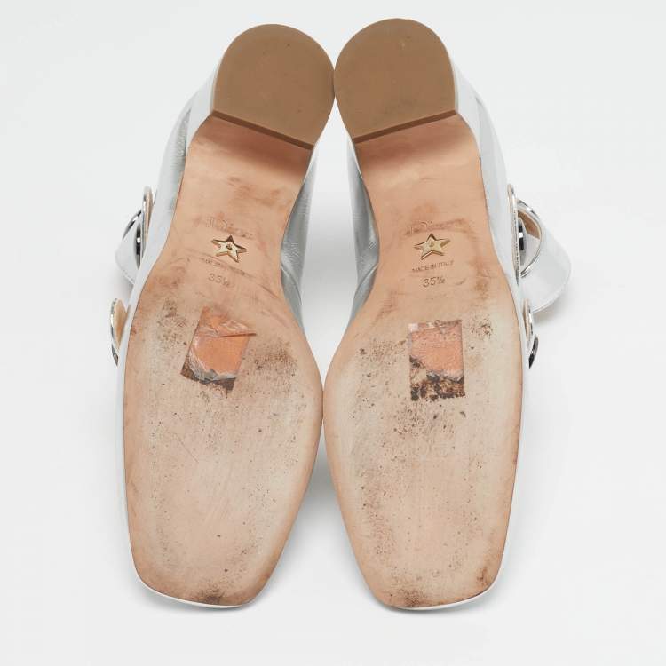 Pre Owned Dior Baby-D Size 35.5 Silver Foil Leather Strappy Pumps