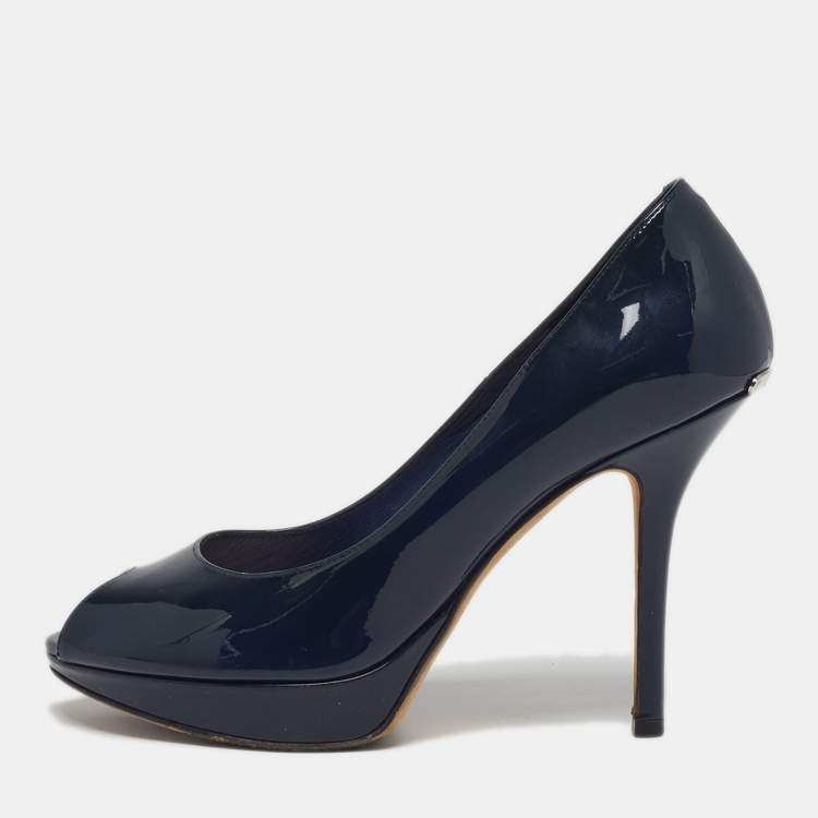 Pre Owned Dior Miss Dior Size 37 Navy Blue Patent Leather Peep Toe Pumps