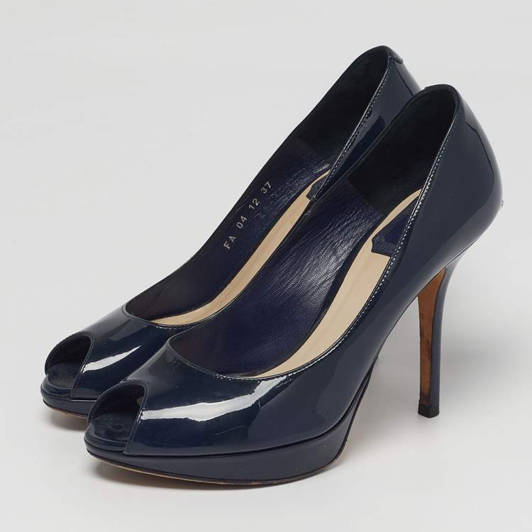 Pre Owned Dior Miss Dior Size 37 Navy Blue Patent Leather Peep Toe Pumps