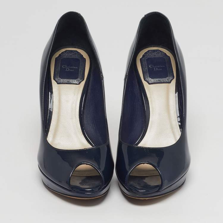 Pre Owned Dior Miss Dior Size 37 Navy Blue Patent Leather Peep Toe Pumps