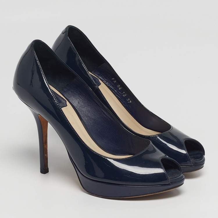 Pre Owned Dior Miss Dior Size 37 Navy Blue Patent Leather Peep Toe Pumps