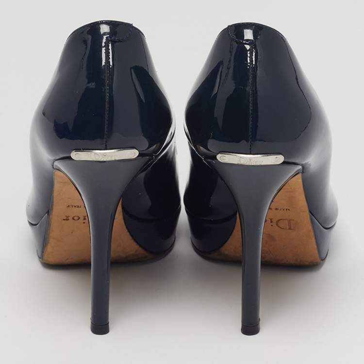 Pre Owned Dior Miss Dior Size 37 Navy Blue Patent Leather Peep Toe Pumps