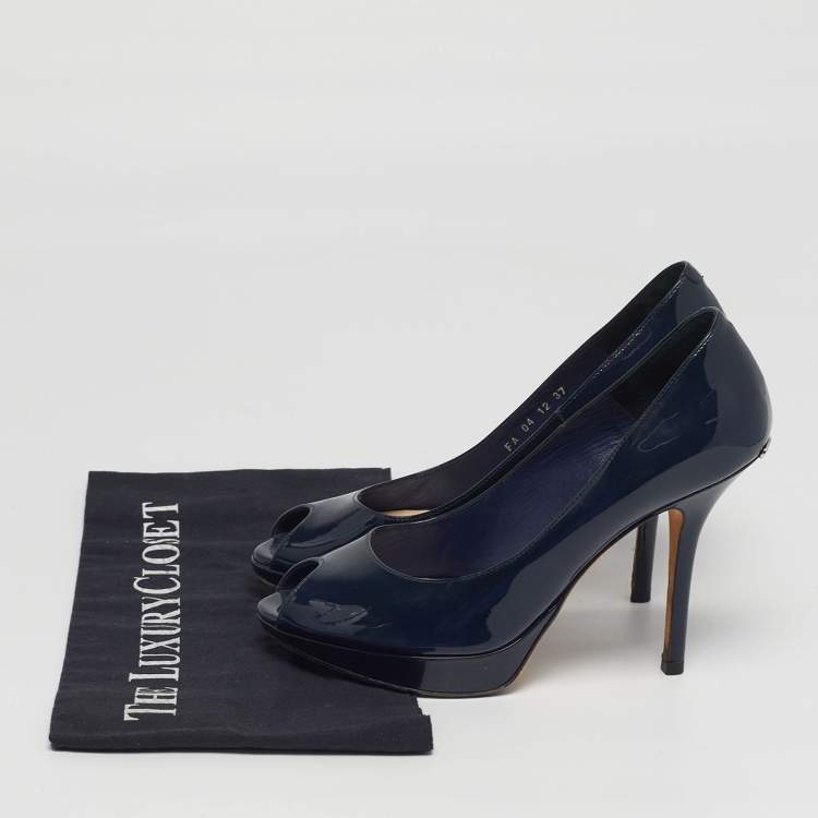 Pre Owned Dior Miss Dior Size 37 Navy Blue Patent Leather Peep Toe Pumps