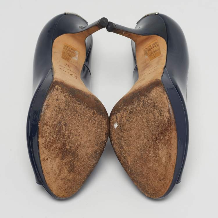 Pre Owned Dior Miss Dior Size 37 Navy Blue Patent Leather Peep Toe Pumps