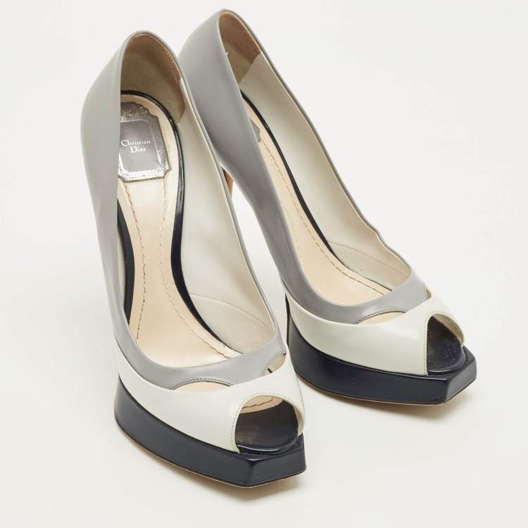 Pre Owned Dior Size 42 Grey/Navy Blue Leather Platform Peep Toe Pumps