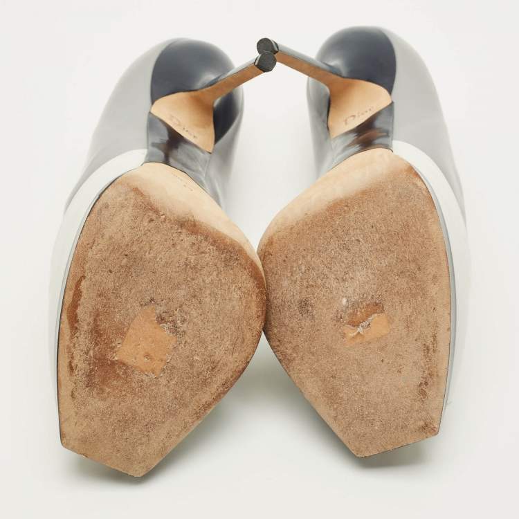 Pre Owned Dior Size 42 Grey/Navy Blue Leather Platform Peep Toe Pumps