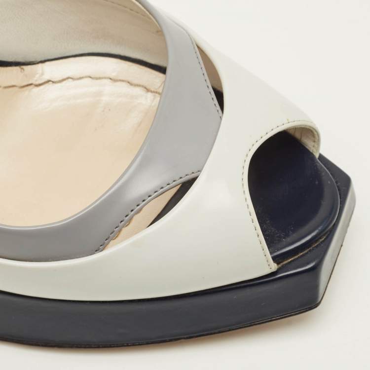 Pre Owned Dior Size 42 Grey/Navy Blue Leather Platform Peep Toe Pumps
