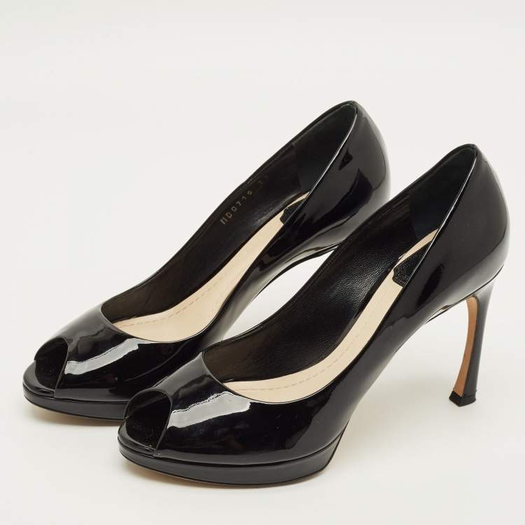 Pre Owned Dior Diorella Size 37 Black Patent Leather Peep Toe Pumps