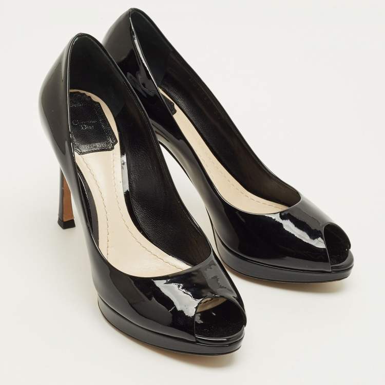 Pre Owned Dior Diorella Size 37 Black Patent Leather Peep Toe Pumps